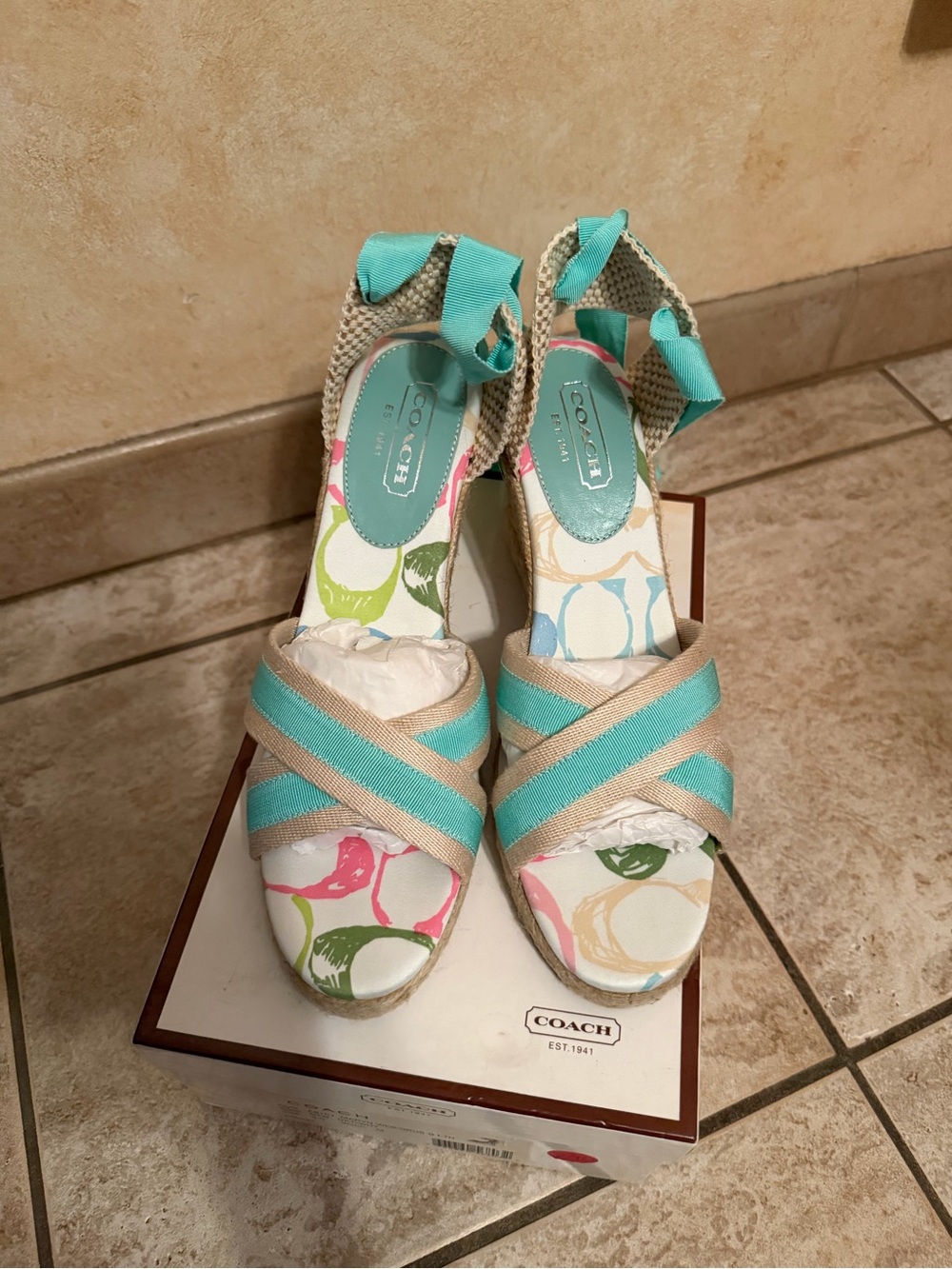 COACH Maryn Web/Gros G Lth Natural White w/Teal Women's size 9M